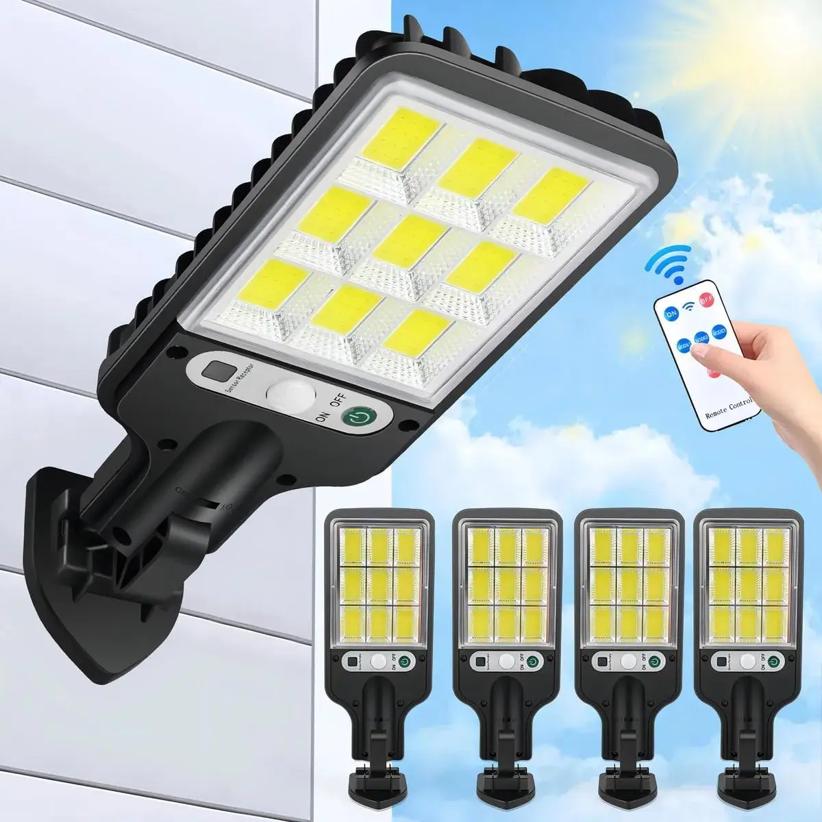 60% Brighter Illumination Solar Outdoor Lights (4-Pack ABS, 4-Pack Coverage) - Sunangle Adjust, Adjustable Smart Remote, IP65 Rated, Motion Sensor, 3 Modes (Safety-Low-Normal), 8-12H Efficiency, Bracket-Free, Outdoor Security for Gardens, Paths