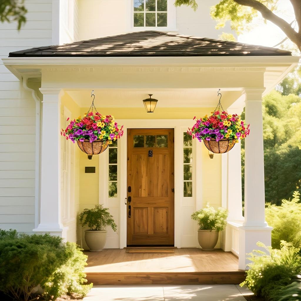 2pcs Artificial Hanging Flowers Baskets with 24 Realistic Daisies & Eucalyptus - UV-Resistant Outdoor/Indoor Decor for Porch, Patio, Balcony, Yard - Includes Hanging Baskets & Greenery