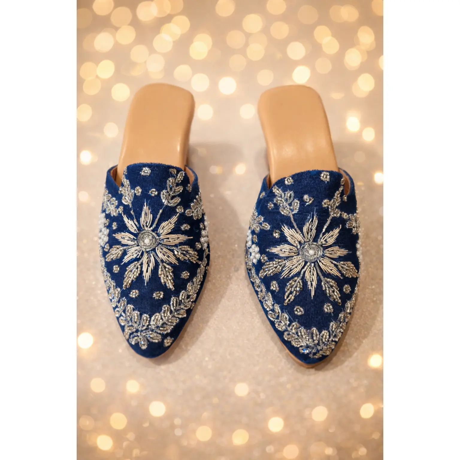 Women's Heeled Punjabi Jutti Shoe in Blue with Silver Work - Comfortable Traditional Indian Footwear for Weddings & Parties, Wedding, Stylish