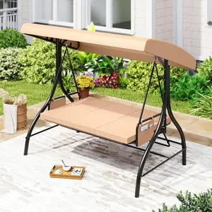 COSTWAY 3 Person Porch Swing, 2-in-1 Convertible Outdoor Swing with Adjustable Canopy, Removable Cushions, Metal Frame, Side Pockets for Backyard, Garden, Porch