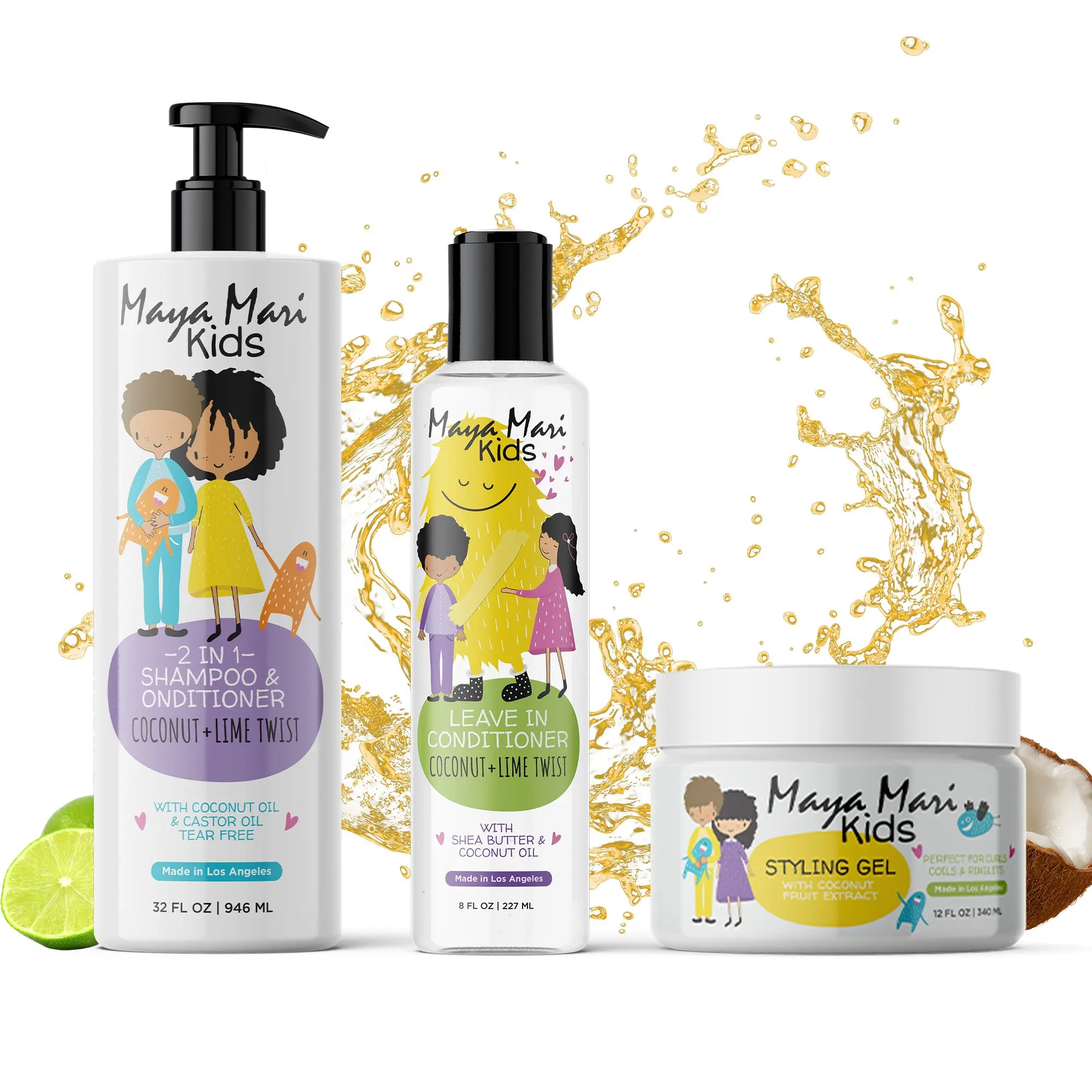 Maya Mari Kids Curly Hair Set for Coilies, Curlies, and Flyaways: 2-in-1 Curly Hair Shampoo & Conditioner, Leave-In Conditioner, and Hair Gel for Kids – Complete Curly Hair Care for Curly and Wavy Hair