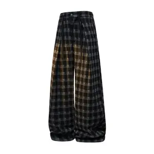 Retro polished plaid pants, wide-leg drape straight casual pants, black and white plaid lazy wind loose trousers, drawstring waist, loose casual soft straight leg pants, the same style for men and women, very suitable for daily wear