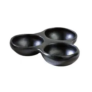 Authentic Chamba Triple Dish - Elegant, All-Natural Black Clay Platter for Salsas, Appetizers and More - Handmade in Colombia
