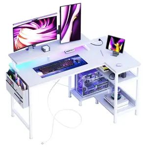 40in Gaming Desk, Computer Desk with USB Charging Ports, Power Outlets, Type-C and LED Lights, Reversible L Shaped Desk with Storage Shelves & Monitor Stand for Office, Gaming Room