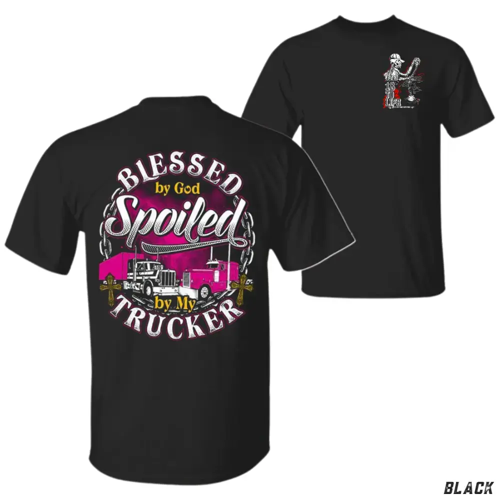 Blessed by God Spoiled by My Trucker T-Shirt – Trucker Wife Graphic Tee, Pink Semi Truck Country Girl Shirt, Proud Trucker Wife Apparel, Unisex & Women’s Cotton Casual Top, Perfect Gift for Women Who Love Truckers