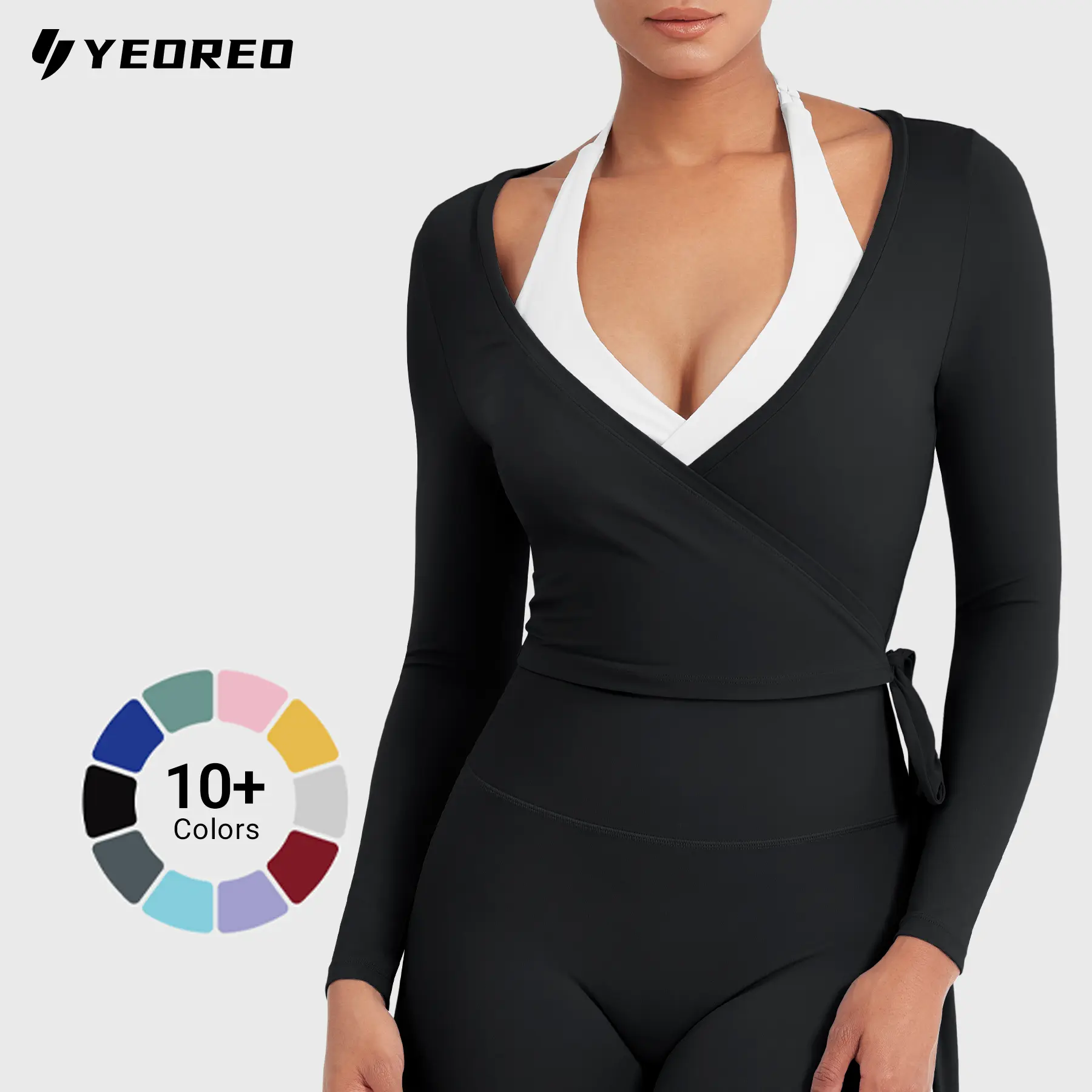 YEOREO Flattering V-Neck Wrap Crop Long-Sleeve Yoga Tie Shirt, Breathable Sweat Top, M, Cute Tops, Athletic Fashion Activewear for Pilates Workouts