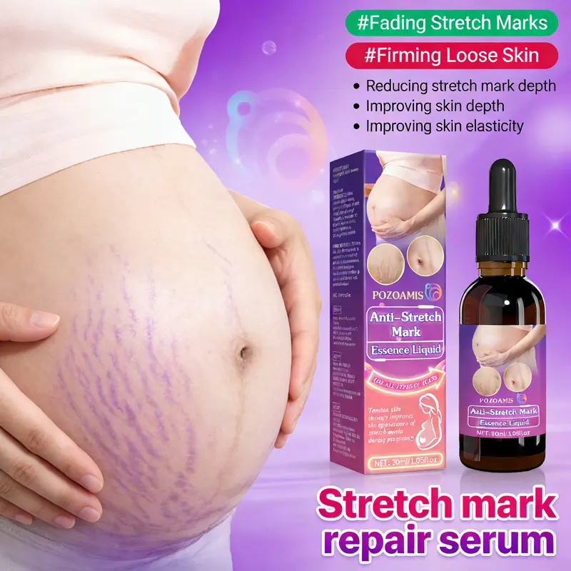 Pozoamis Anti-Stretch Mark Essence Liquid - Fades Stretch Marks, Moisturizes Skin, Improves Elasticity - 7-Day Transformation Plan