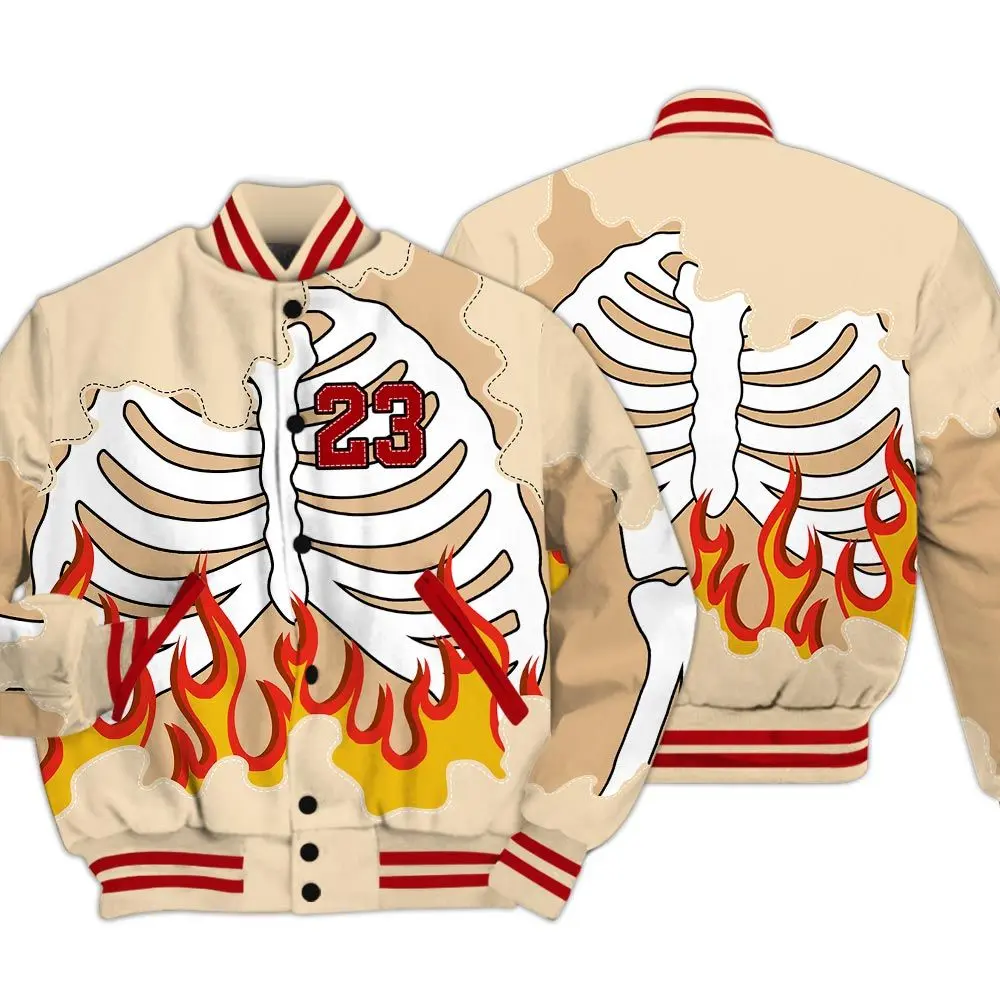 Varsity Jacket To Match Dunk Low Strawberry Waffle - Number 23 Skeleton Flame Baseball Varsity Jacket, Baseball Football Jacket, Varsity Sportwear Style
