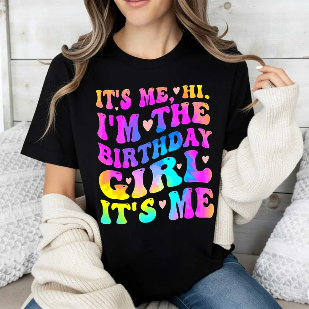 Women's Cotton Short-Sleeve Crewneck T-Shirt, Breathable Fabric Apparel with "It's Me Hi I'm The Birthday Girl" Print, Fits Birthday Celebration Occasions