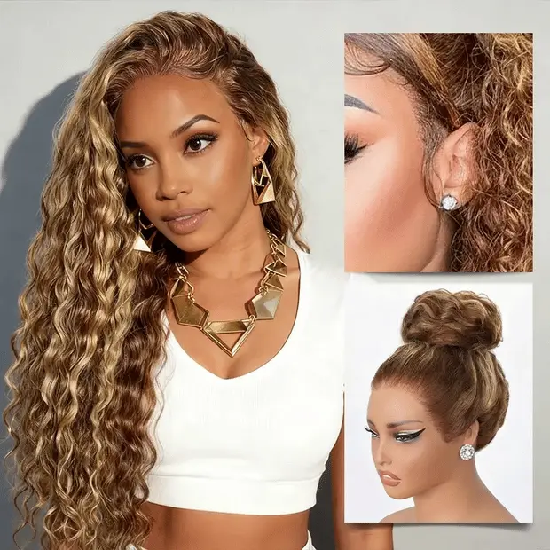 Ashimary 22" Sunkissed Honey Blonde Highlight Water Wave Wig, Glueless 13x6 Full Lace Human Hair with 3D Dome Cap for Half-Up Half-Down Styles, Wigs Human Hair, Human Hair Wigs