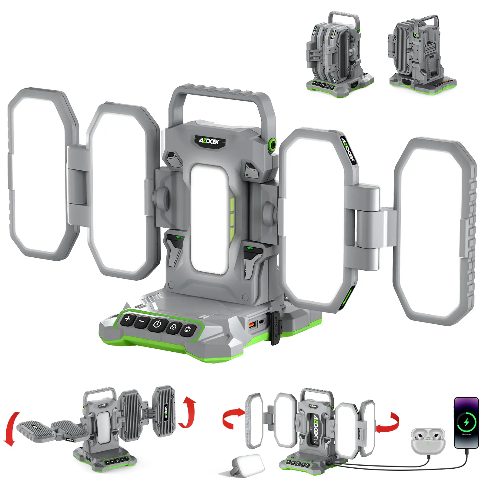 Azocek 10000LM Cordless LED Work Light for Craftsman 20V Battery, 360° Foldable 4-Panel Garage Mechanic Light with Detachable Magnetic Flashlight, Dual Power Type-C Portable Jobsite Light for Auto Repair & Detailing [Battery Not Included]