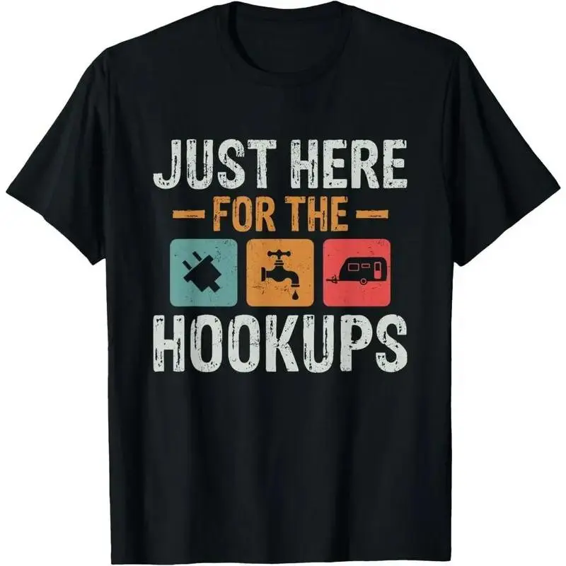 Men's Funny Camping T-Shirt with "Just Here For The Hookups" Graphic, 100% Cotton Oversized Relaxed Fit Top for RV Life & Casual Wear