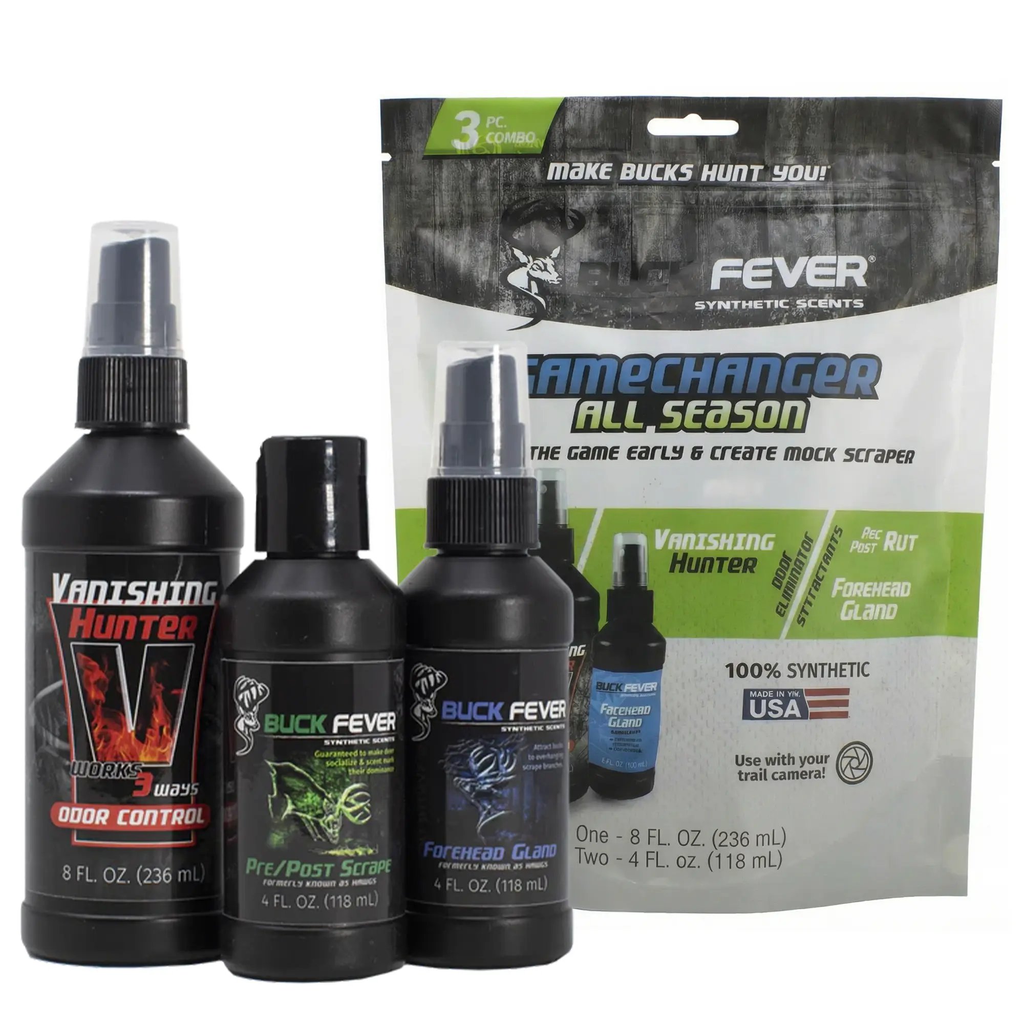 Gamechanger All Season Synthetic Deer Scent Pack - 3-Piece Combo, Forehead Gland Scent, 4 fl oz & 8 oz Variants, Hunting Enthusiasts