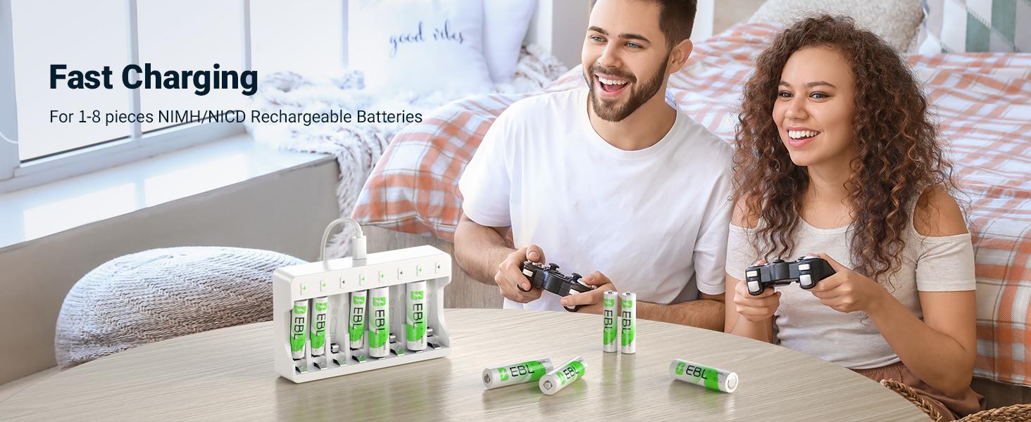 EBL Rechargeable AA Batteries 2800mAh and AAA Ni-MH Rechargeable Batteries 1100mAh with 8-Bay AA AAA Individual Battery Charger