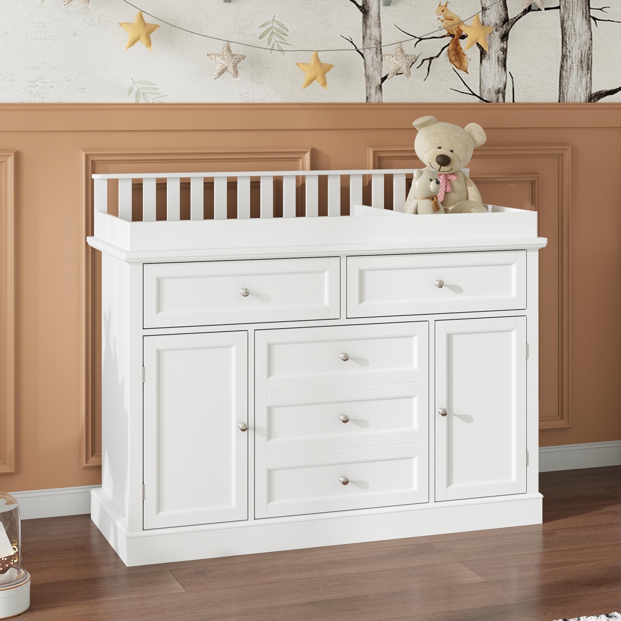 FUFU&GAGA Mother's Day gift Deborah Changing Table Dresser Antique White with Exposed Shelves,5 Exposed Drawers & Space for Changing Pad, High-Quality Engineered Wood