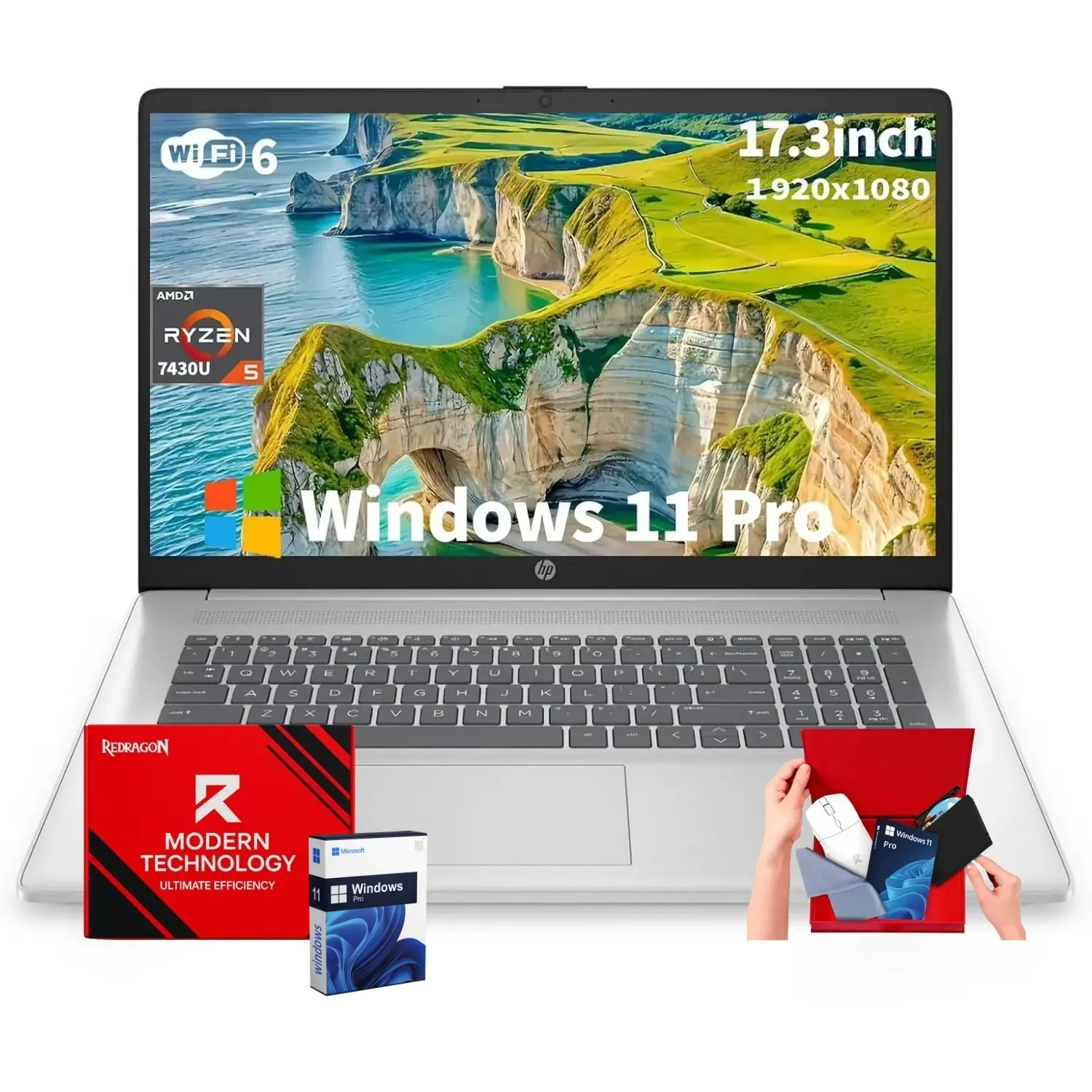 HP 17.3” FHD Anti-Glare Business & Student Laptop - AMD Ryzen 5 7430U, up to 32GB RAM, 512GB SSD, Windows 11 Pro, Fast Charge, Wi-Fi 6, work/class/entertainment use, batteries-efficient, cordless-ready, Bundle Accessory, Fhd Display