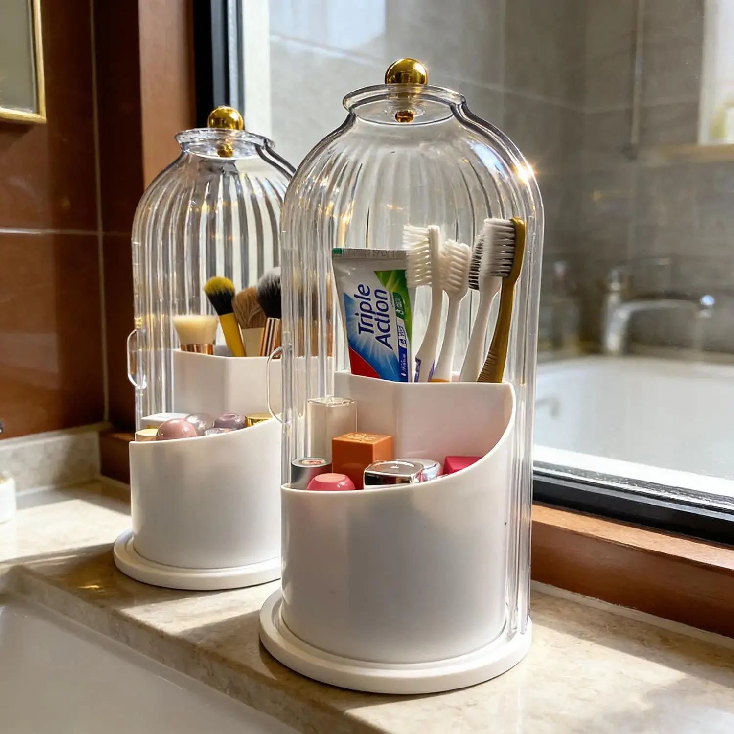 ABS Waterproof Compact Bathroom Toothbrush Holder with 180° Sliding Lid, 3-Slot Rotating Countertop Pad, Stylish Vanity Caddy for Toothpaste & Makeup Brushes (Grey/White) - House Organizers, Apartment Accessories#backtoschool