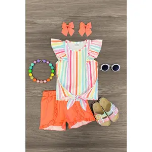 Rainbow Stripe Ruffle Tie Top Short Set