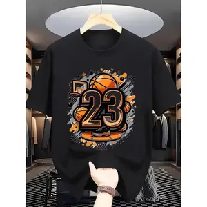 Men's Summer Casual T-Shirt, Vibrant Basketball Graphic Print, Lightweight Polyester, Round Neck Short Sleeve, Perfect for Sports & Leisure, Basketball Apparel | Sporty Graphic Tee, Comfortable Fit