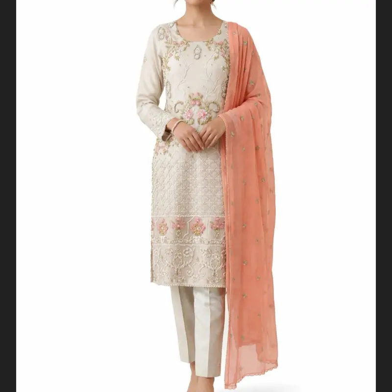Pakistani Luxury Maria B Inspired Organza Hand Embrllished Shirt with Chiffon Embrioded Dupata & Jamawar Trouser .