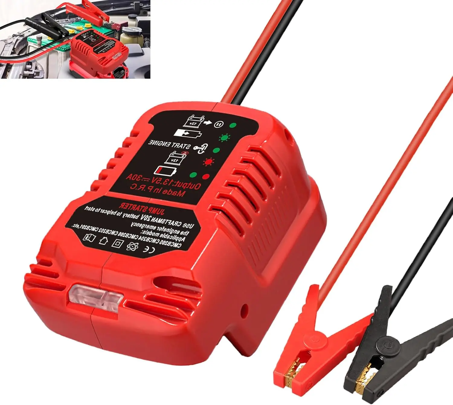 Craftsman 20V V20 Li-ion Emergency Battery Adapter with Jumper Cable Clamps - Portable Charger for Mini Cars, Lawn Mowers, Fishing Boats, Compact ABS Plastic Car Jump Starter (Craftsman 20V Fit, Convenient Storage, Battery Not Included)