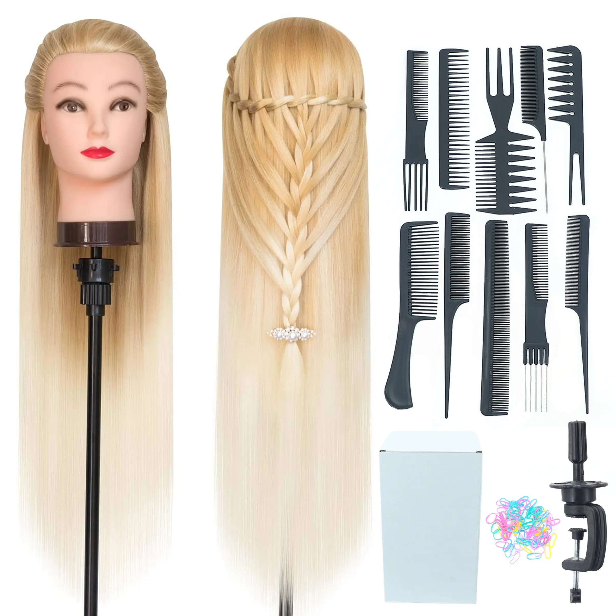 28-Inch Training Head Hairdresser Styling Head Synthetic Fiber Hairdo Head Free Clips & DIY Braiding Kit for Hairstyling Practice Box Braids Practice Mannequin Head