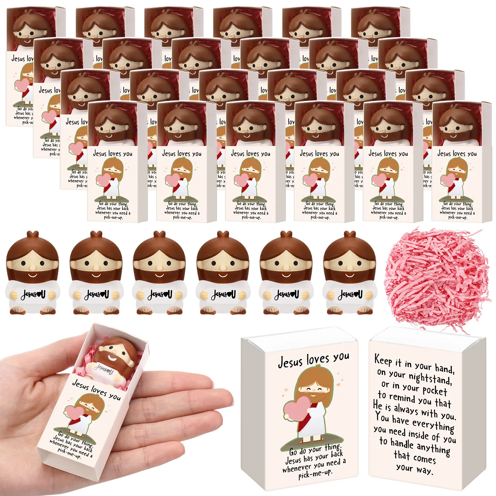 Jesus Gift 30pcs Mini Jesus Figures Gift Boxes Jesus Loves You Small Gifts Stress Balls with Support Boxes Positive Jesus Desk Decor Faith Gifts for Church Prayer Christian Office Employee Coworker Students
