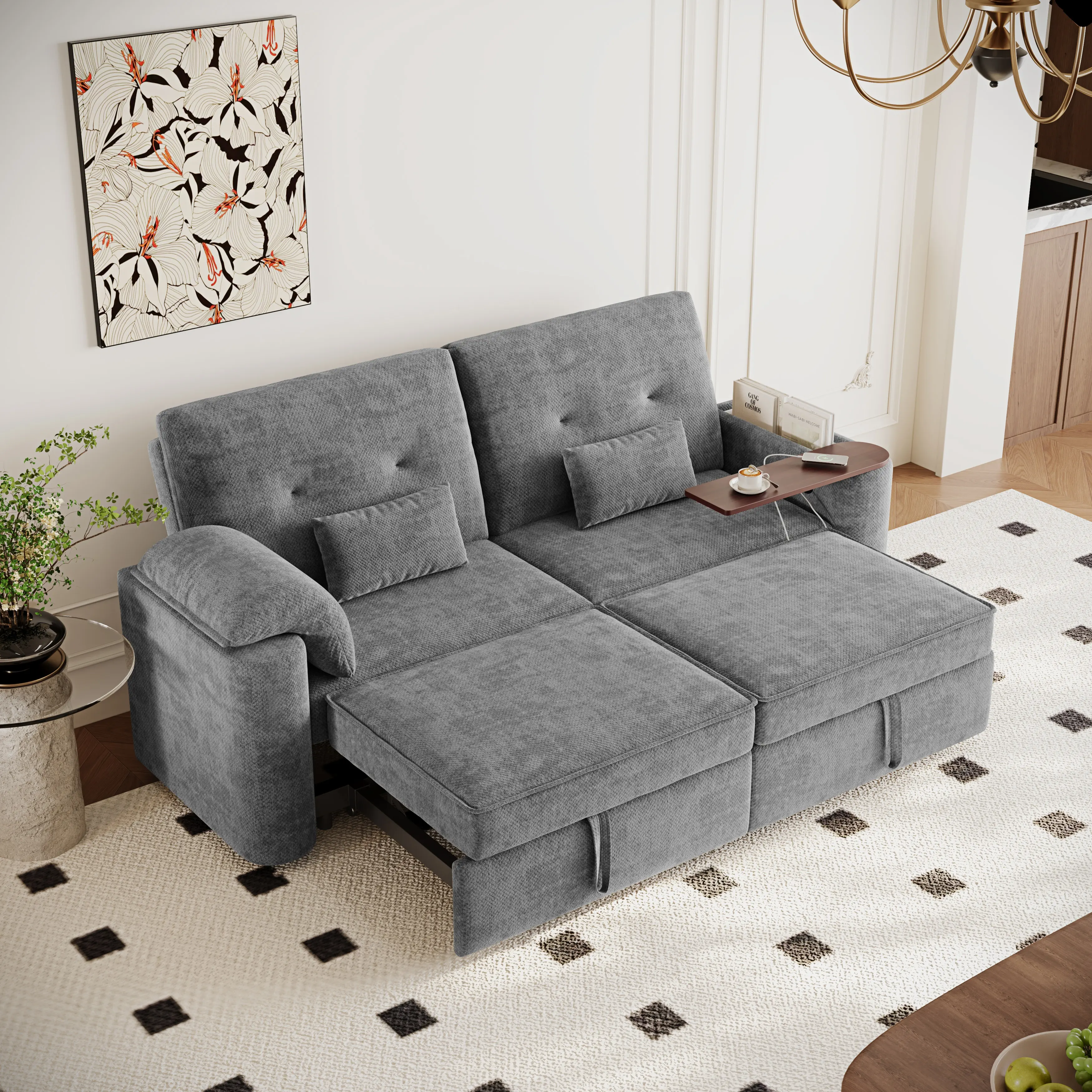 82-in Modern Chenille Sleeper Sofa Bed - 3-in-1 Extendable Foldable Convertible Couch with Fixed Arms, 270° Swivel Side Table for Living Room, Chenille Sofa Settee, Convertible Sofas Bed