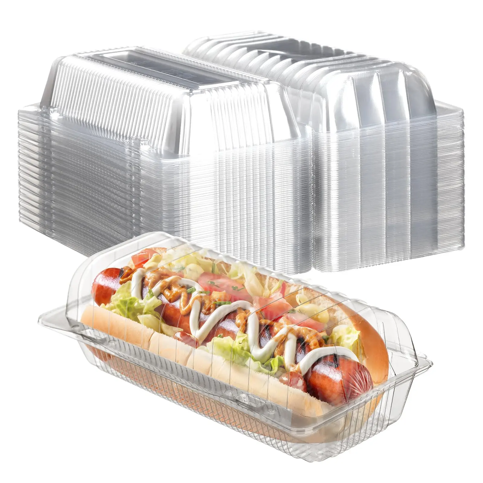 100Pcs/Set Disposable Plastic Hot Dog Box with Interlocking Lids,Spill-Proof Clear Clamshell Food Container for Sub Sandwich,Long Bun Bakery Items,French Fries,Keep Food Fresh,Halloween Christmas Party Gifts,Hand Tools Kits