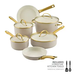 Forged Induction Ceramic 12-Piece Cookware Set with Gold Accents Includes 2 Prestige Kitchen Tools - Aluminium