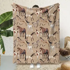 Soft Polyester Elegant Horse Pattern Flannel Throw Blanket | Cozy, Warmth-Themed Design with Brown, White & Black Horses, Perfect for Bedding or Sofa Decor, Machine Washable
