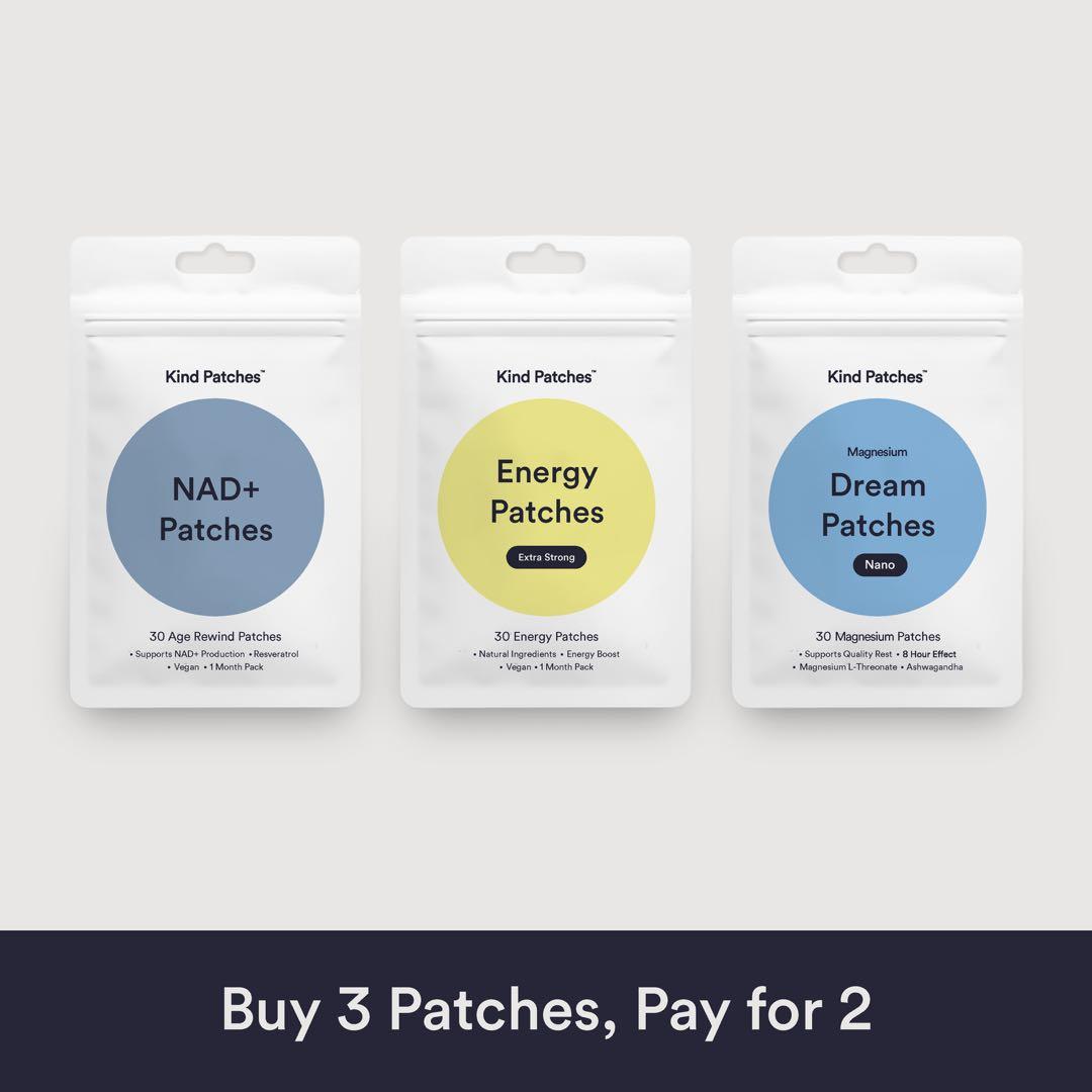 Kind Patches Boost & Reset Bundle, Energy Extra Strong + Dream Melatonin Extra Strong + NAD+ Patches, Natural Ingredients, Caffeine, Magnesium, Ashwagandha, Age Rewind, 3 Months Supply