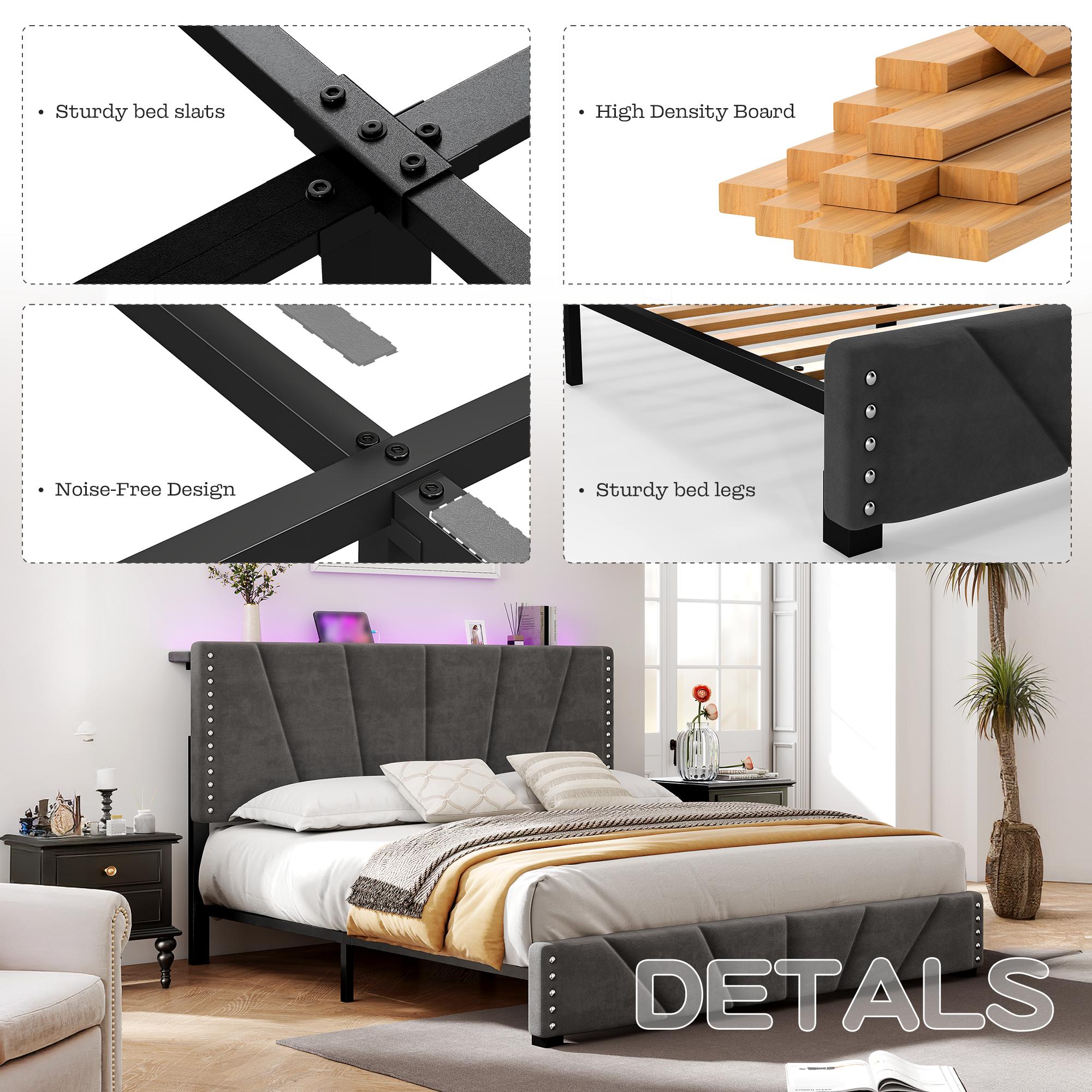 Raybee LED Bed Frame for Queen King Full Bed frame with Storage Headboard & Charging Station, No Mattress, Luxury Upholstered Platform Bed Frames, Holds 881lbs, No Box Spring Needed,Noise Free, Bedroom Furniture