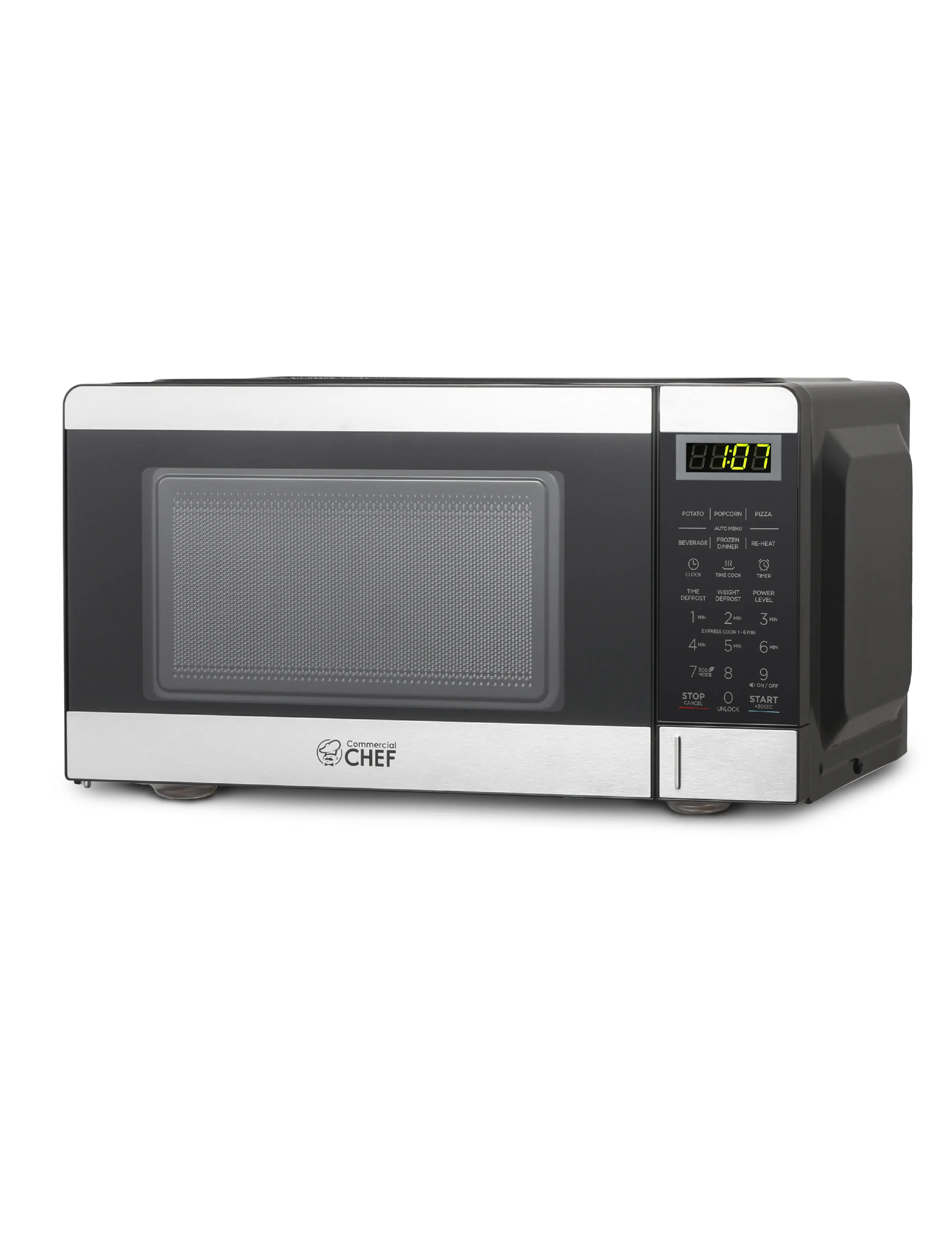 Commercial Chef 0.7 Cu. Ft. Stainless Steel Trim Mini Countertop Multifunctional Microwave Oven, 700W (700 to 799 W), Touch Controls, Digital LED Display, Recessed Door Handle, 10 Power Levels, Programmable, Model CHM770SS