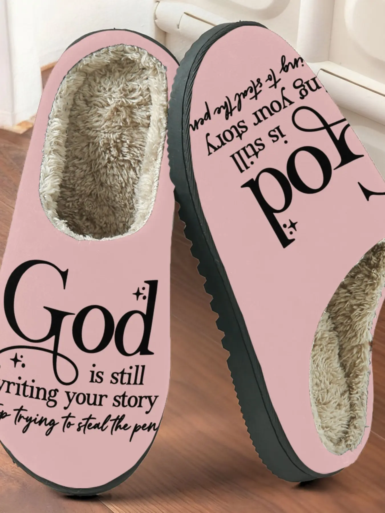 Faith Theme Text Printed Cotton Warm House Slippers, Indoor Warm Slippers, Soft Healing Style, Fuzzy Lined Anti-Slip Thick Rubber Sole, Home Use Men Women Fall Winter Warm Shoes, Footwear