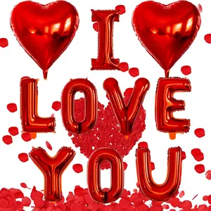 Red Heart & "I Love You" Metal Balloon Set, Rose Petal Pack, Romantic Festive & Party Supplies for Valentine's Day Anniversary Decorations