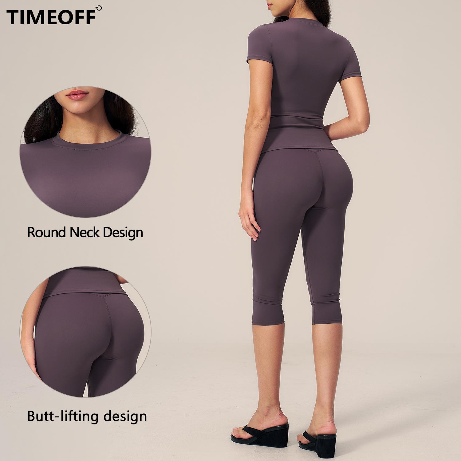 TIMEOFF Women's 2-Piece Yoga Activewear Set - Short Sleeve Round Neck Workout Top, High Waist Capri Leggings with Butt Lifting, Soft Stretchy, Sweat Wicking, Non-See-Through for Gym, Running, Daily Casual, Two Piece Set