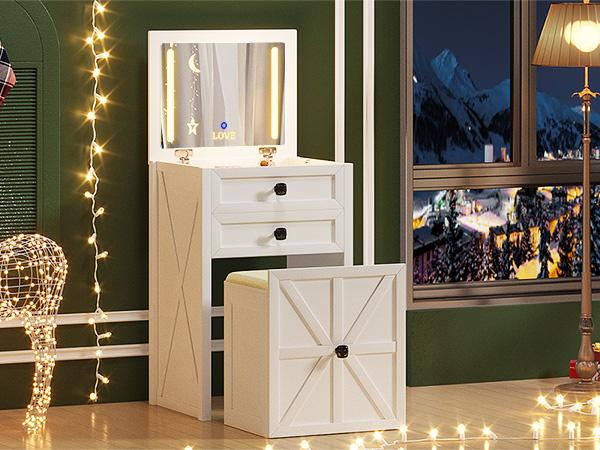 Miu Farmhouse 3 in 1 Vanity with Mirror, 3-Color Adjustable Lighting, Cushioned Stool for Bedroom Organization & Beauty Routines
