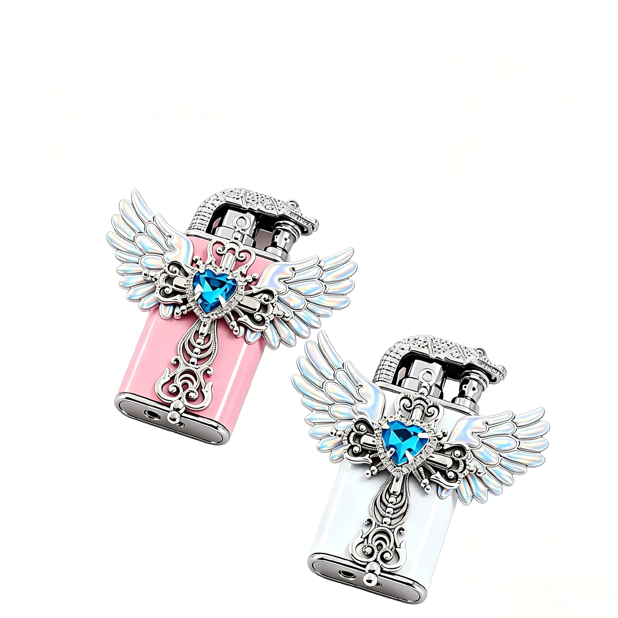 Crocodile nozzle double flame lighter, with white wings and heart-shaped gemstone cross decoration. It can switch between jet flame and soft flame. Windproof and can be replaced with butane fuel. Retro collectible gift lighter (without butane)