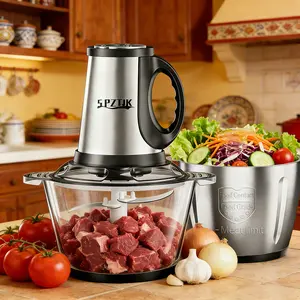 SPZTJK Food Processor, featuring an 8-cup glass bowl and an 8-cup stainless steel 2-speed food chopper, meat grinder, onion and vegetable processor, upgraded smart overheat protection—includes two sets of blades.