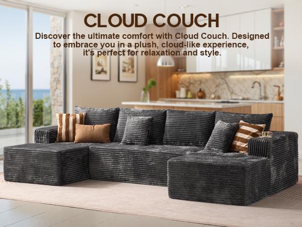 【3 Packages Shipping】Ovios 135" Sectional Boneless Sofa Couch with Chaise, Modular Cloud Couch with Ottoman Plush Corduroy, No Assembly Required Big Comfy Sofa Bed with Fluffy Memory Foam for Livingroom
