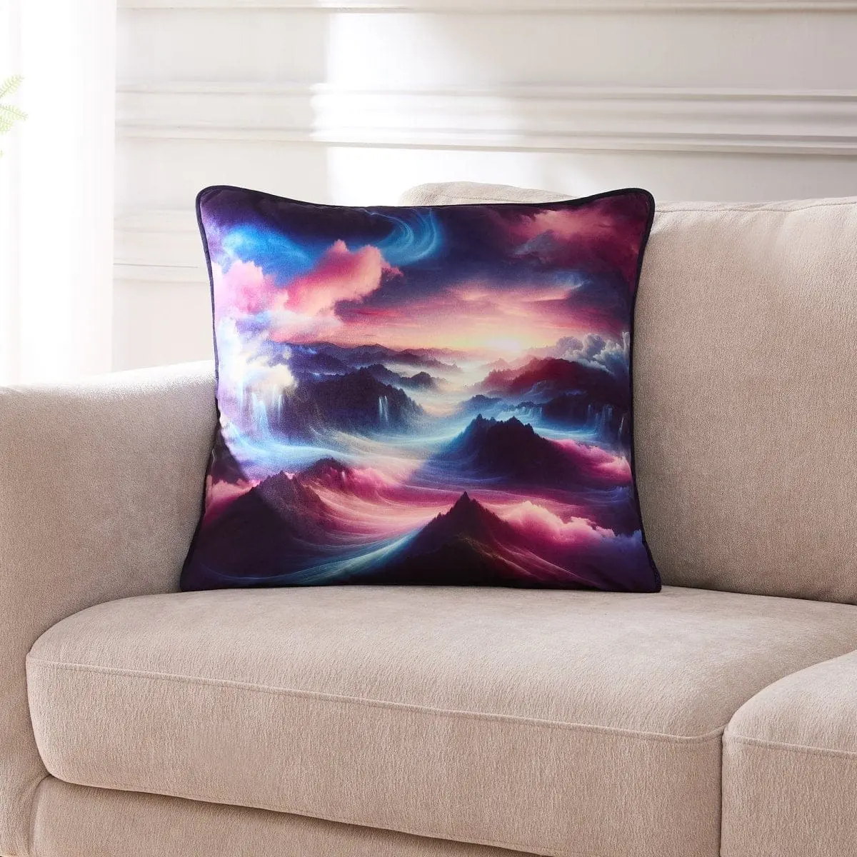 Lush Decor Mesmeric Mountains Velvet Cushion, 20x20in, AI-Generated Misty Mountain Scene, Mystique Gothic Fairytale Room Decor, Soft Home Furnishing Pillow for Living Room, Spot Clean with Damp Cloth, Whimsical