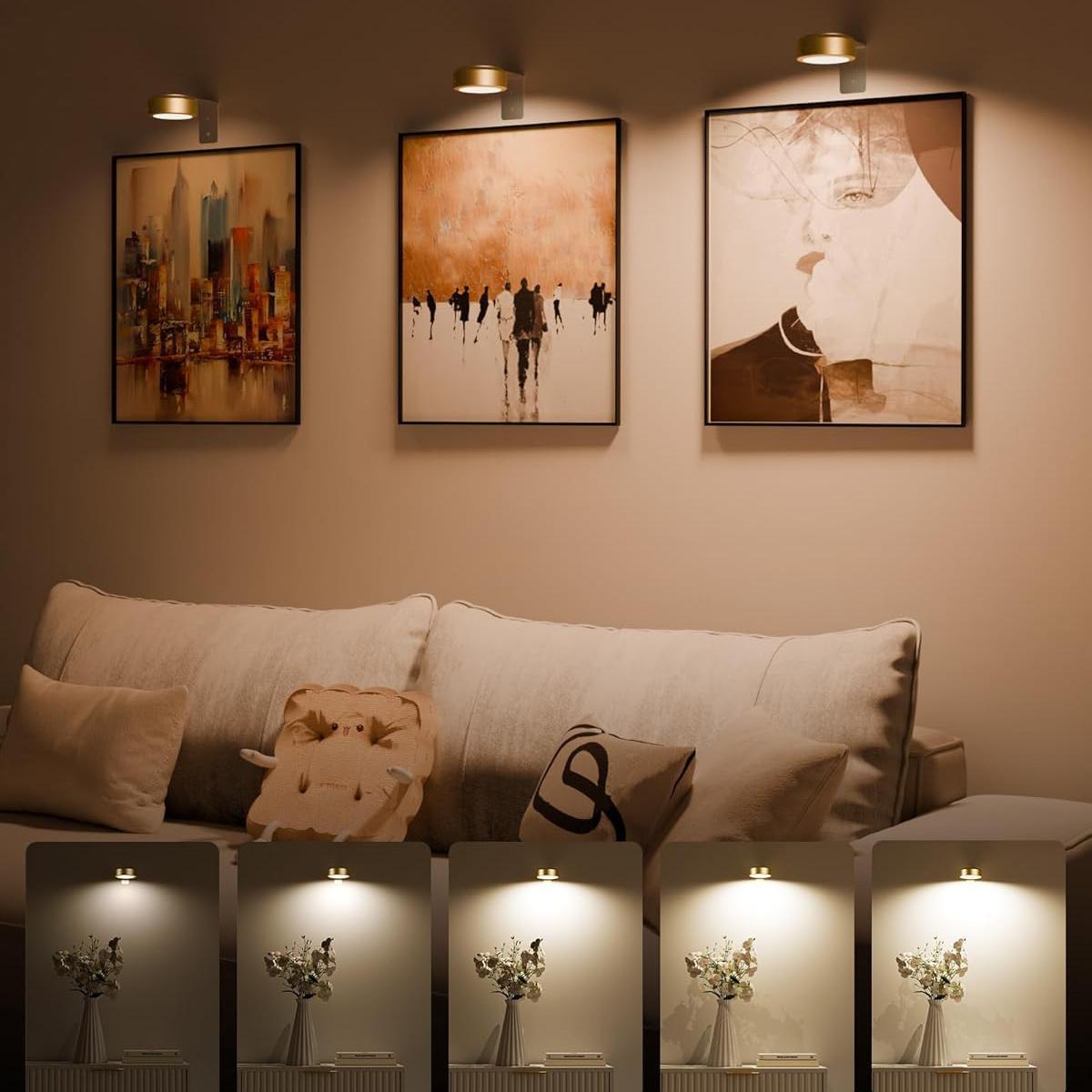 Picture Lights for Wall (3 Color Temps&12 RGB),Rechargeable Battery Operated Painting Light Magnetic Art Display Light with Remote, Puck Lights, Dimmable & Timer Art Lighting for Paintings Wireless,Gold, Gifts Ideas