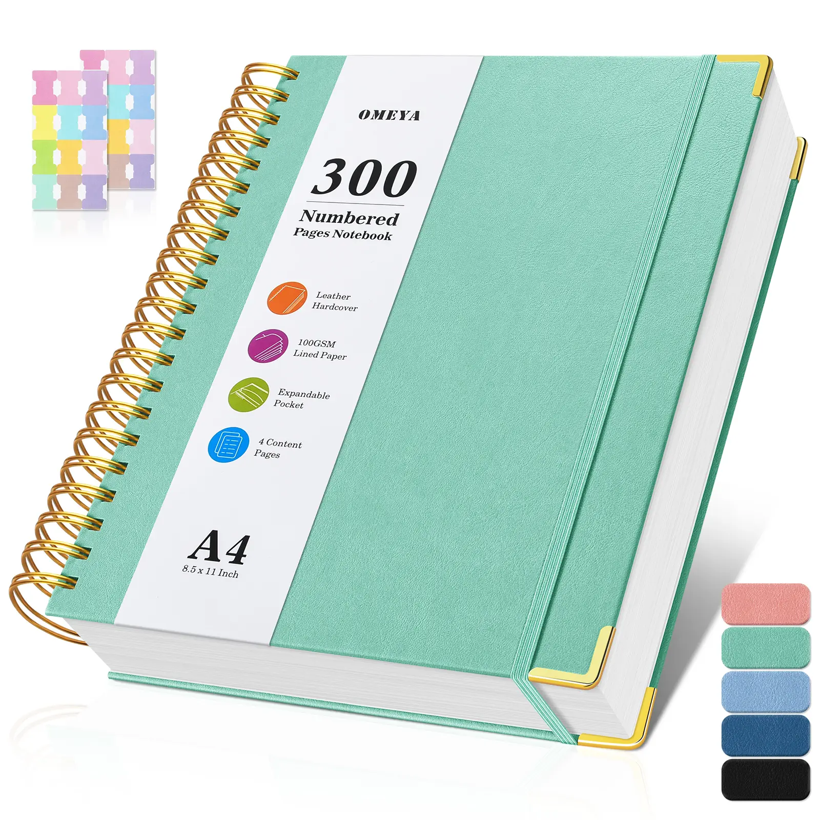 OMEYA Spiral Notebook A4 A5 with Tabs 300 Numbered Pages, 100GSM No-Bleed Thick Lined Paper, Premium Leather Hardcover Journal with Content Pages, Heavy Duty Twin-Wire Lay Flat Subject Notebooks for Work, School, College, Office, Study