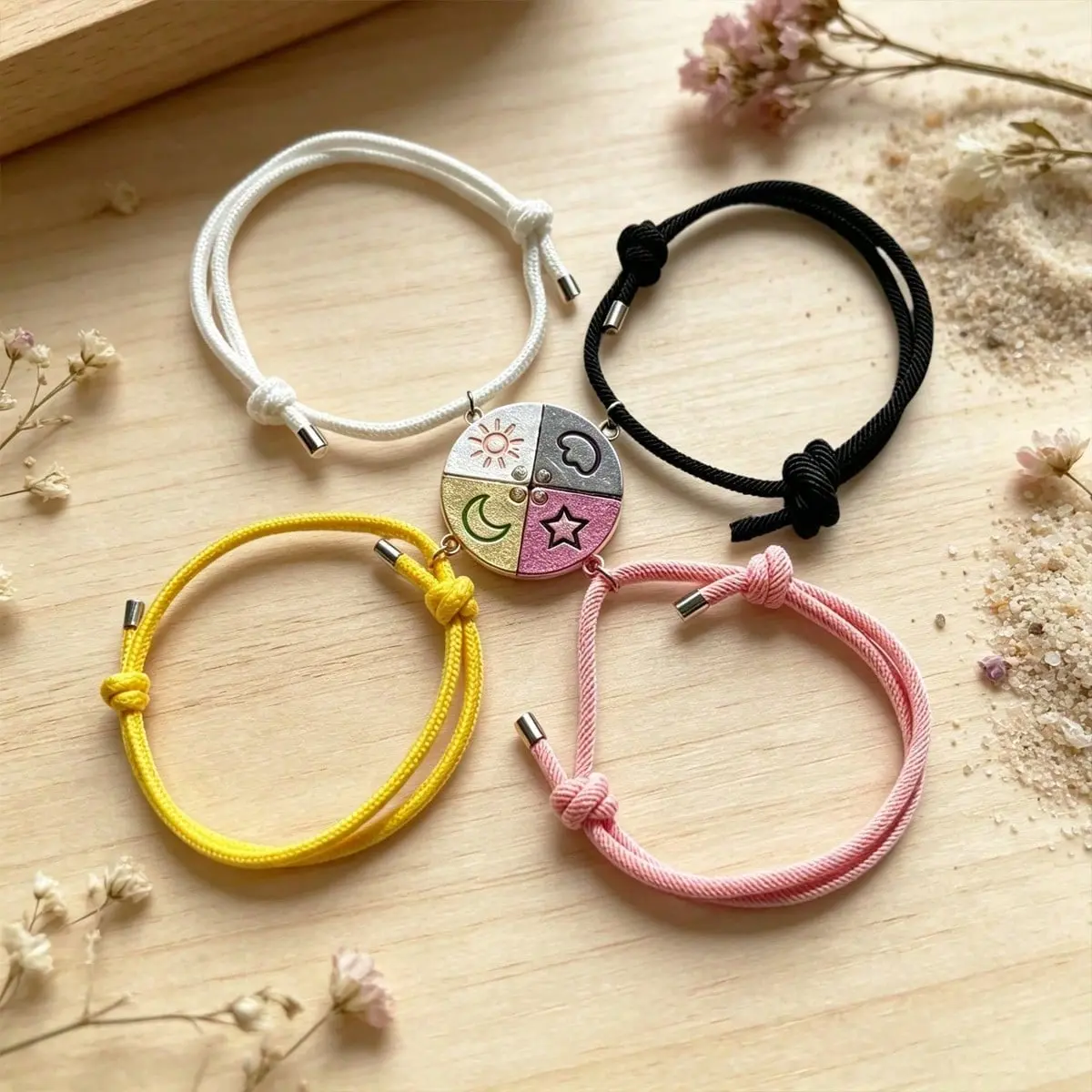 Adult 4-Piece Matching BFF Bracelet Set - Female Best Friend Jewelry with Rhinestones, Star/Moon/Sun Design, 4 Parts, Gift Cards, Ideal Christmas Birthday Presents for Close Partners, Daily Wear Ornaments