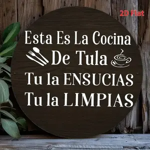 1pc Spanish Kitchen Wall Art Metal Plaque - "Esta Es La Cocina De Tula" (This Is My Kitchen) Design with Coffee Cup & Fork, 7.87 Inch Round Aluminum Sign for Home, Office, Cafe, Ga