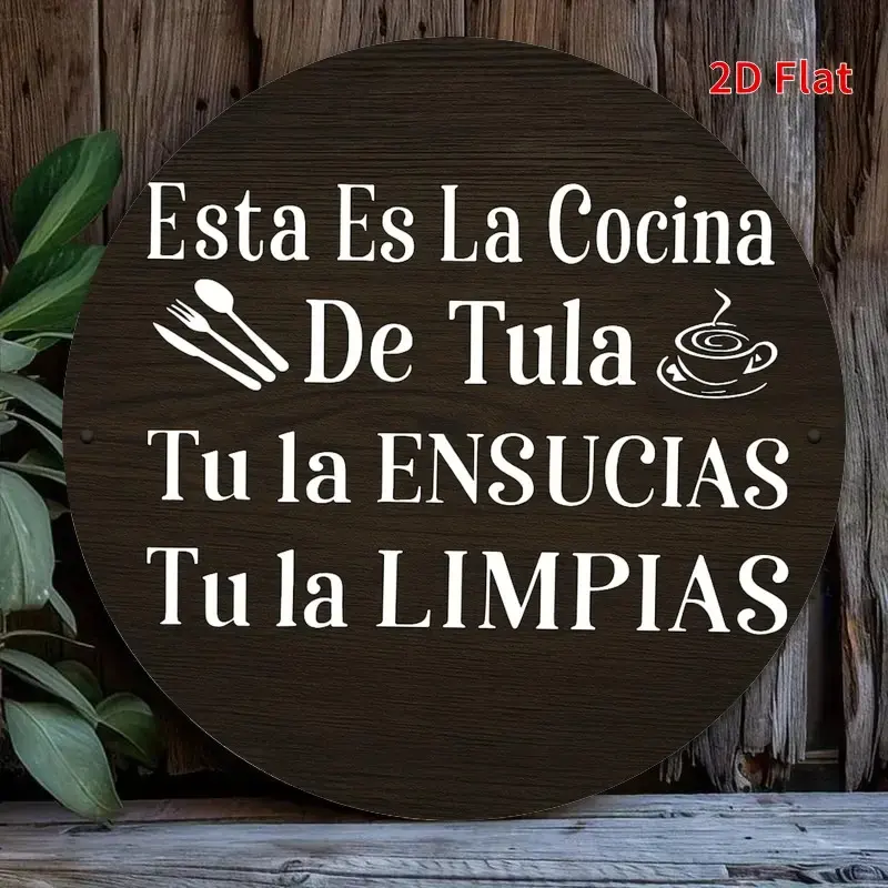 Vintage Round Rust-Proofed Aluminum Metal Sign, Spanish Theme Kitchen Wall Art Tin Plaque - "Esta Es La Cocina De Tula" Design with Coffee Cup & Fork, 7.87in Round Room Decor for Home & Cafe, Dad Gift
