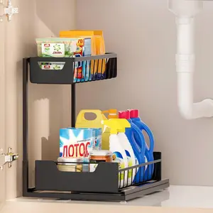 2 Tier Under Sink Organizer Sturdy Metal Slide Out Kitchen Cabinet Spice Rack Bathroom Organizer Snack Drawer Rack Rustproof Board Durable Easy to Install Perfect Size Great Value Sturdy Classy Organiser L Shape Layout Clutter Free Easy Assembly