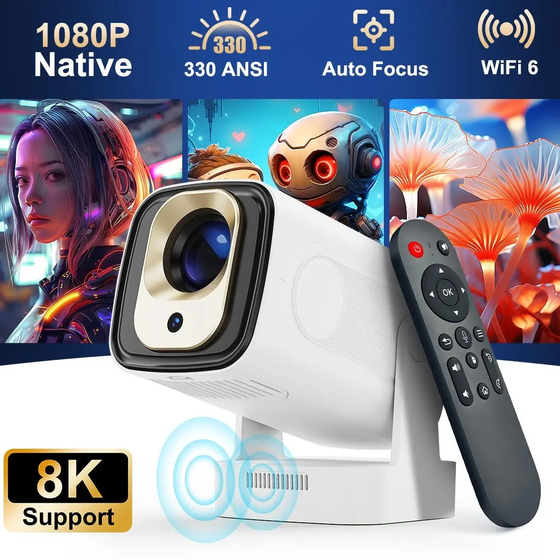 Auto Focus HY310 Intelligent Projector Google Assistant 330ANSI Dual WiFi6 Wireless Bluetooth5.4 1080P Native Auto Keystone Correction Android 14 Built-in Speaker Home Cinema Movie Outdoor #TikTokShopBackToSchool,back to school,back to school haul