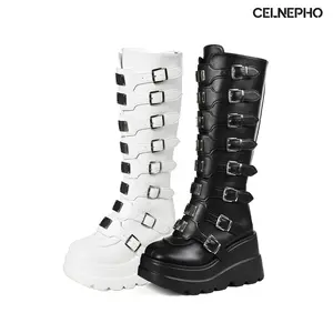 CELNEPHO Platform Goth Boots for Women Round Toe Chuncky Heel Metal Buckle Design Combat Boot Back Zipper Closure Costume Party Punk Spring Dress Shoes
